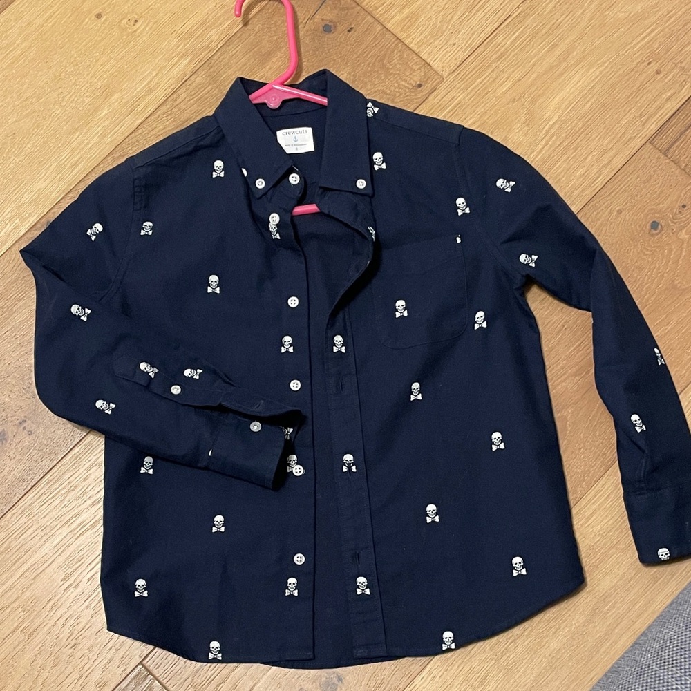 Crewcuts Navy Skull Shirt and Cat & Jack Beige Hawaiian Short Sleeve Shirt